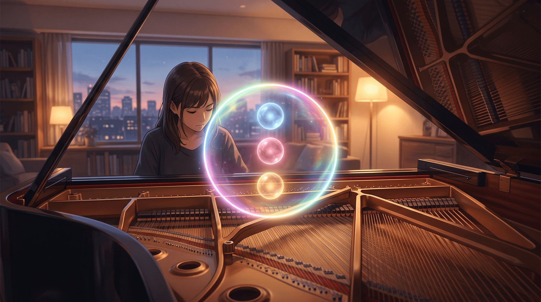 Anime-style illustration of a musician sitting at an open grand piano at dusk with eyes closed, three glowing orbs stacked above the strings inside a single shimmering ring of light, a cool blue orb on top, a rose orb in the middle and a warm amber orb below, showing three pitches heard as one chord