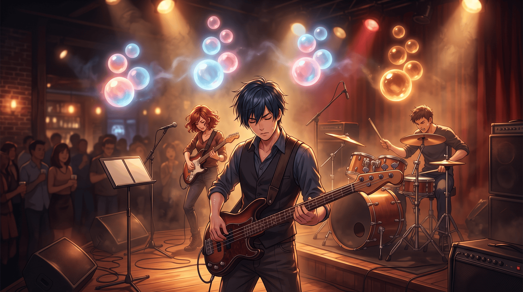 Anime-style illustration of a band playing to a crowd in a small club at night, the bass player front and centre with eyes closed, a guitarist and a drummer behind under warm stage lights, four clusters of stacked glowing orbs drifting through the haze above them like a phrase, the first three in cool blue and rose and the last settled to warm amber, the lowest orb of each cluster the largest and brightest, showing a chord progression heard from the bass upward and arriving home
