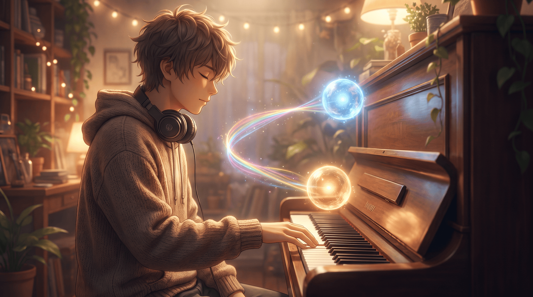 Anime-style illustration of a young musician with headphones around the neck and eyes closed playing a warm-lit upright piano, a cool blue orb of light floating higher and a warm amber orb lower, connected by an arcing rainbow ribbon that shows the distance between two pitches