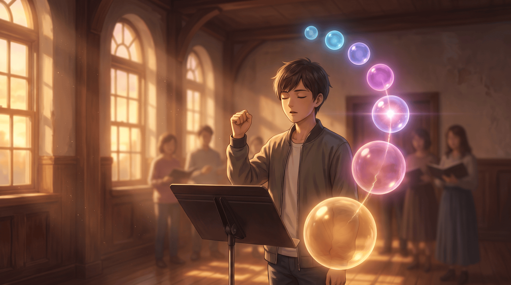Anime-style illustration of a young singer at a music stand in a warm choir rehearsal room with tall arched windows and eyes closed, one fist raised in a solf&egrave;ge hand sign, a curving arc of seven glowing orbs rising beside them from a large steady amber orb at the bottom through rose and violet to small cool blue orbs at the top, one orb partway up shining brightest with a thread of light running back down to the amber home orb, showing a single note heard by its place inside the key