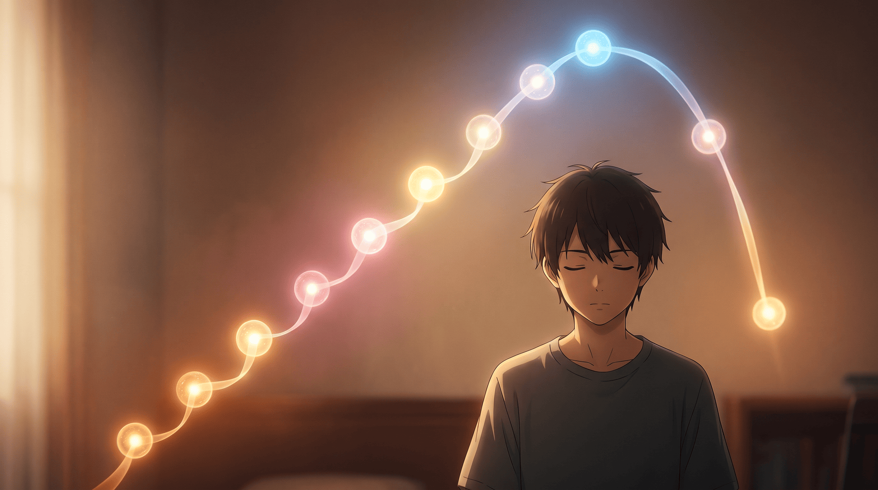 Anime-style illustration of a young musician standing in a warm, dimly lit room with eyes closed and a calm expression, a line of glowing orbs climbing in even steps from warm amber through rose to a cool blue orb at the peak and arcing back down again, showing a scale run rising and falling