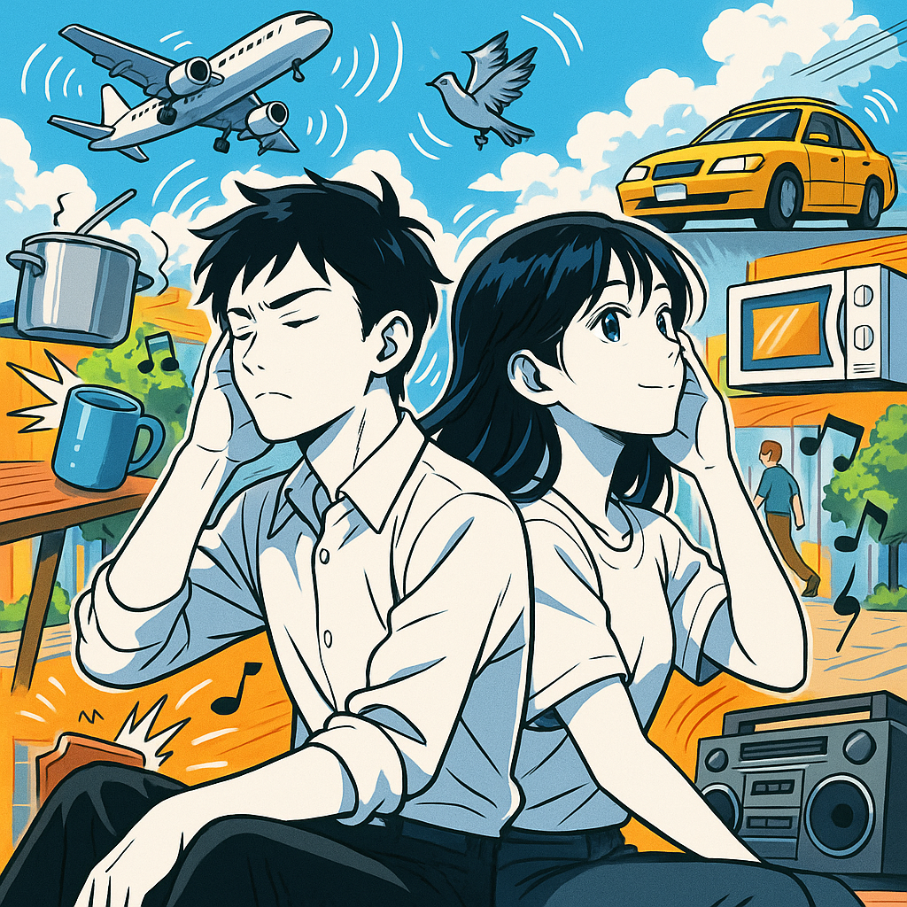 Two people listening attentively to everyday sounds like microwave beeps, birds chirping, car horns, and music notes in a colorful everyday environment
