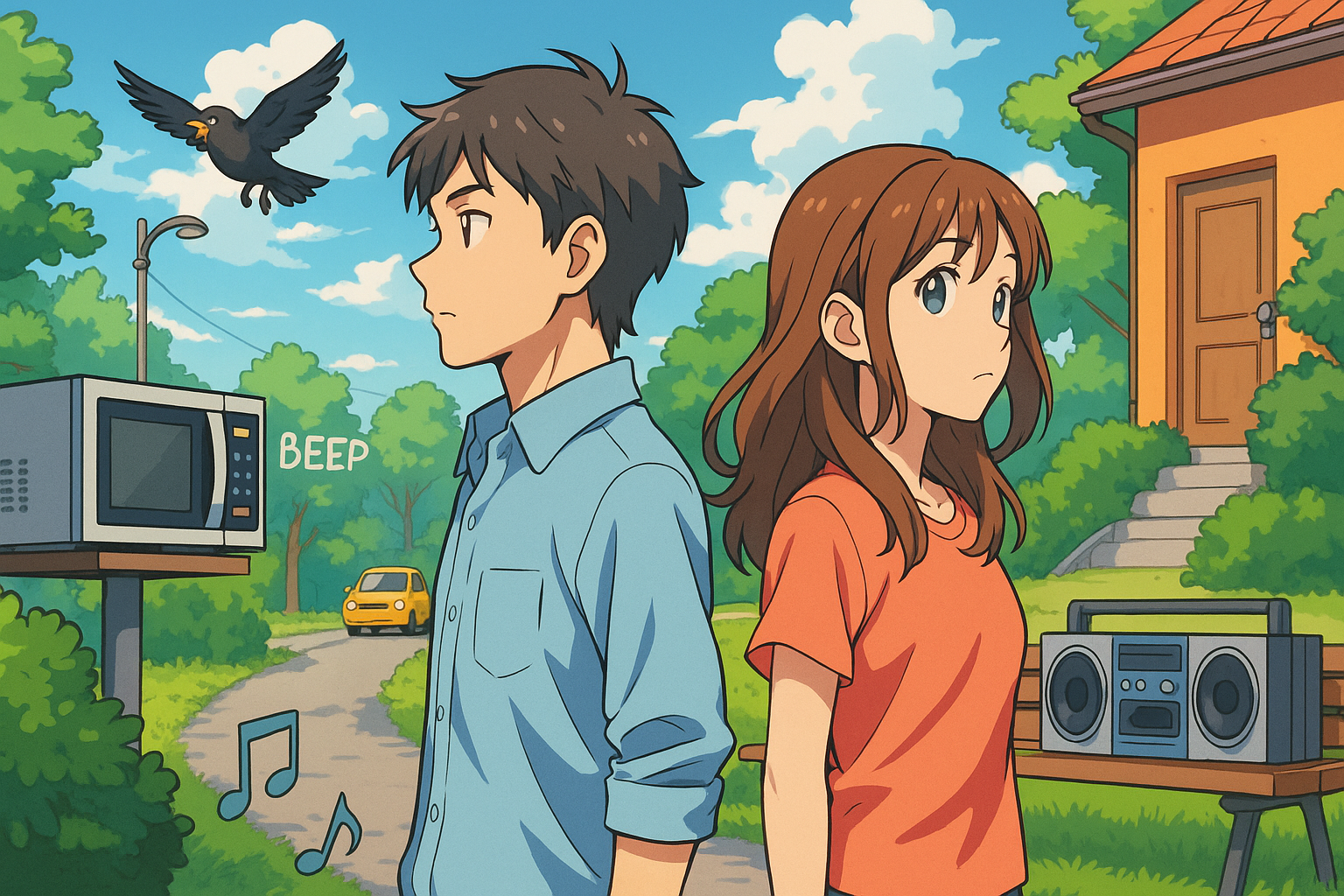 Two people outdoors surrounded by everyday sounds like a microwave beeping, a bird chirping, and a boombox playing music, illustrating pitch recognition in daily life