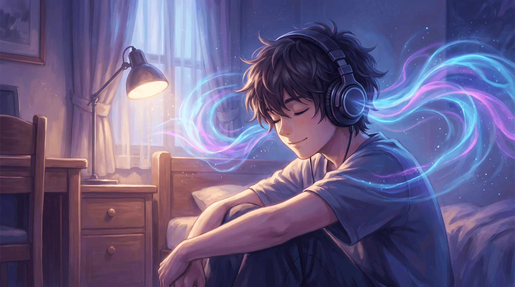 A young person sits on a bed in a dim, softly lit bedroom wearing over-ear headphones with eyes closed and a calm smile, glowing blue and magenta sound waves streaming from the headphones, evoking focused, distraction-free listening while taking a perfect pitch test