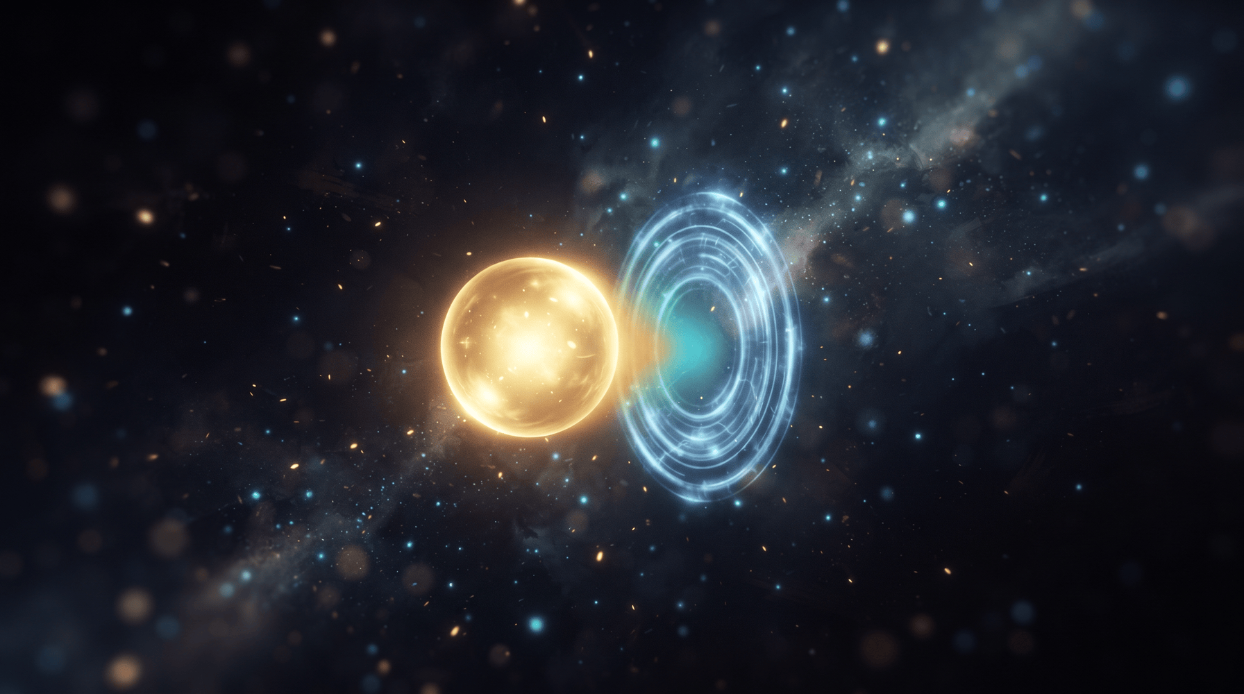 A glowing warm-gold orb hovering just beside a pulsing blue concentric target ring against a dark, star-flecked background, the small gap between them illustrating how close a near-miss answer can be on a perfect pitch test