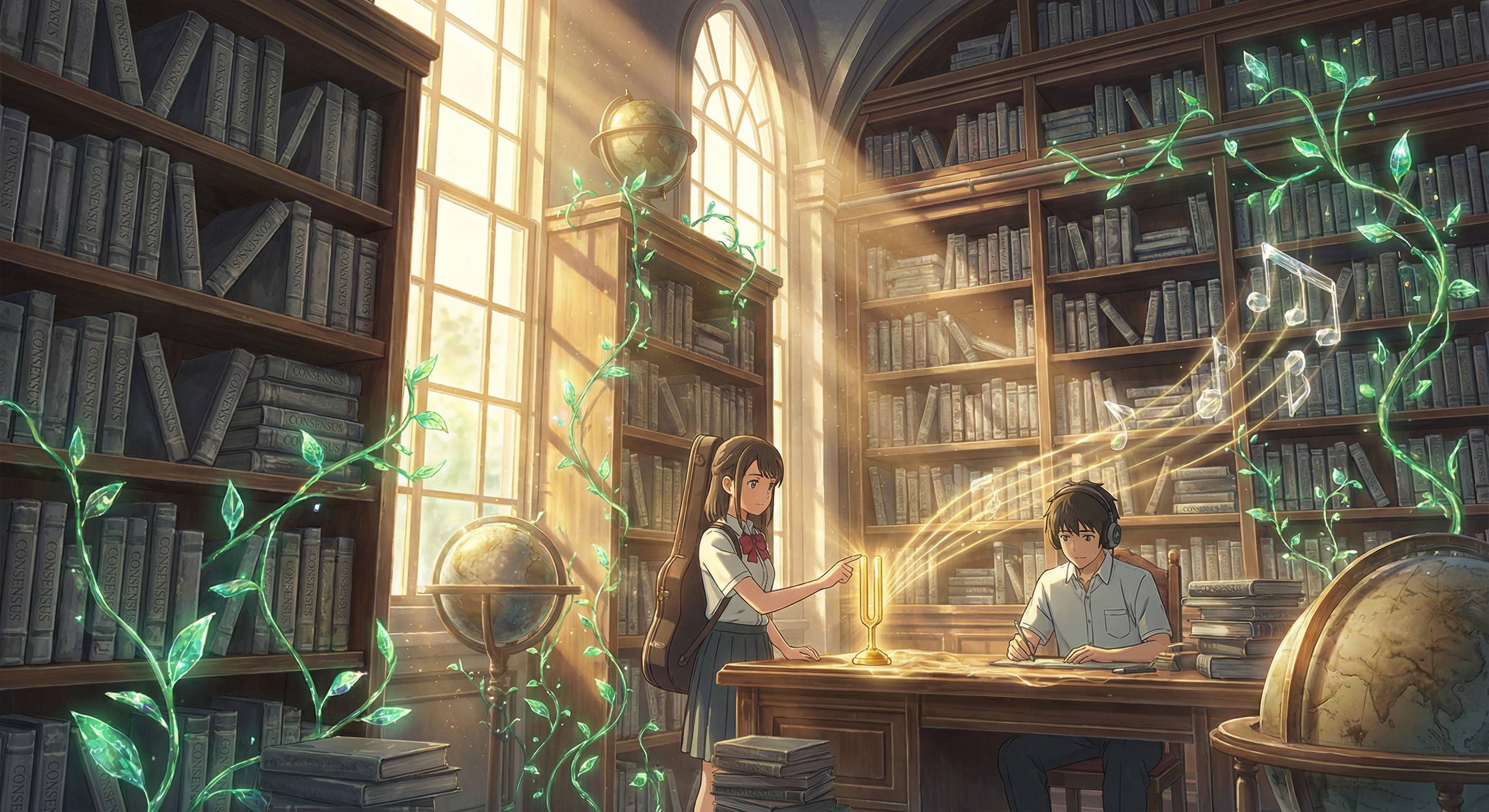 Anime-style illustration of two students in a sunlit library with shelves labeled Consensus; a girl with a guitar case points to a glowing tuning fork while a boy with headphones writes as golden musical notes flow through the air