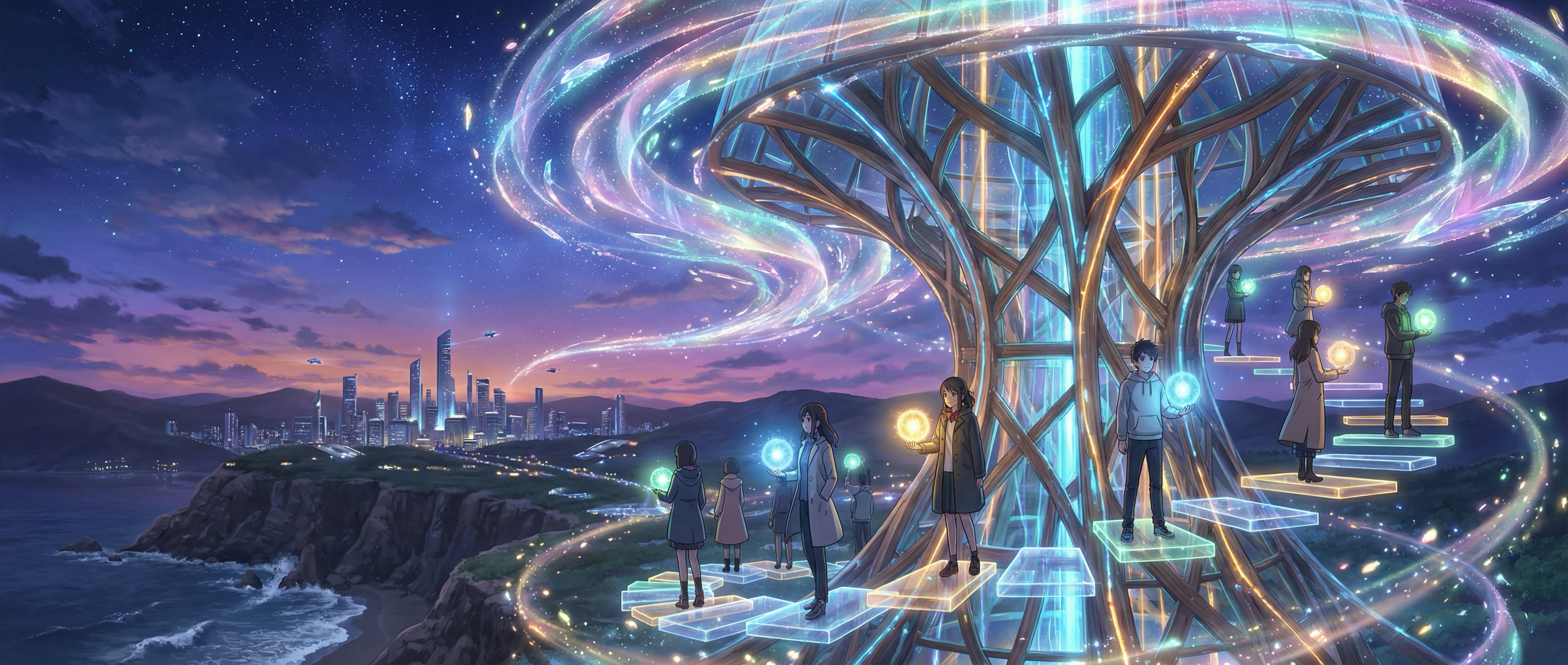 Anime-style illustration of people on glowing platforms around a luminous lattice tower on a cliff, overlooking a futuristic city at twilight with colorful light ribbons in the sky