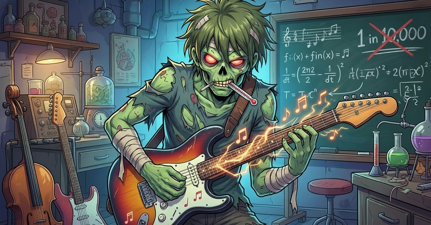Cartoon zombie playing guitar in a science lab with equations on a chalkboard, representing the zombie myth of perfect pitch being unlearnable