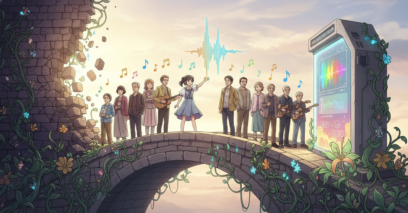 Diverse group of people of all ages standing united on a stone bridge, with a crumbling brick wall being reclaimed by nature on one side and a glowing modern device on the other, musical notes floating through a peaceful sunset sky - symbolizing the resolution that all perspectives in the perfect pitch debate were fundamentally correct