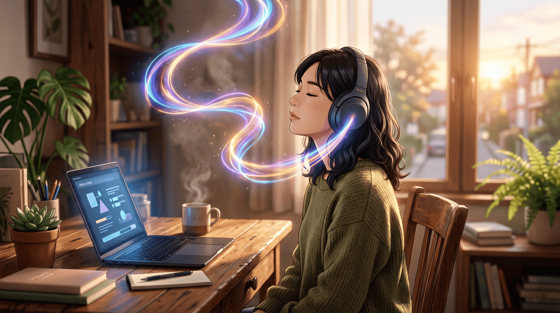 Anime-style illustration of an adult in over-ear headphones at a wooden home desk by a sunlit window, eyes closed in focused listening with a chromatic light ribbon rising from the headphones, an open laptop and coffee mug on the desk, representing self-paced online absolute pitch training