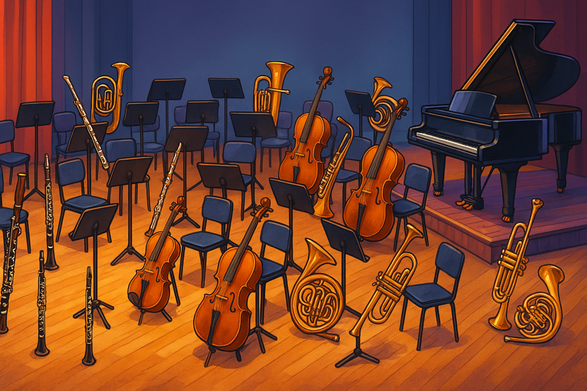 An orchestra with various instruments arranged on stage, illustrating the diversity of timbres used in perfect pitch training