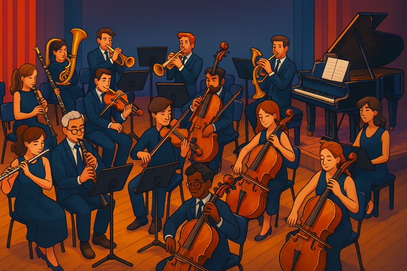 Musicians playing various instruments in an orchestra, demonstrating how perfect pitch applies across different timbres and instruments